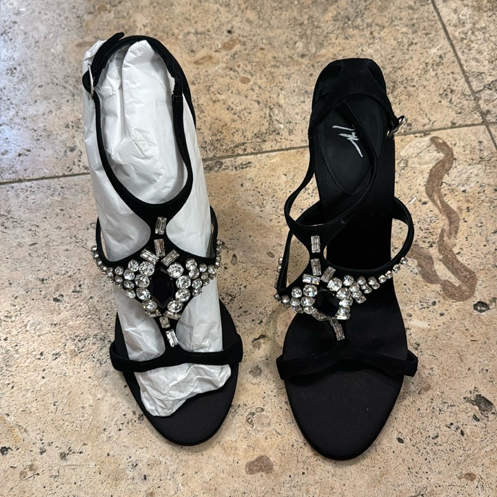 Brand new black satin sandals with blue jewel